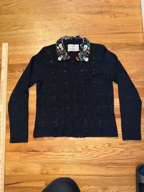 y2k christmas beaded collar zip-up black sweater